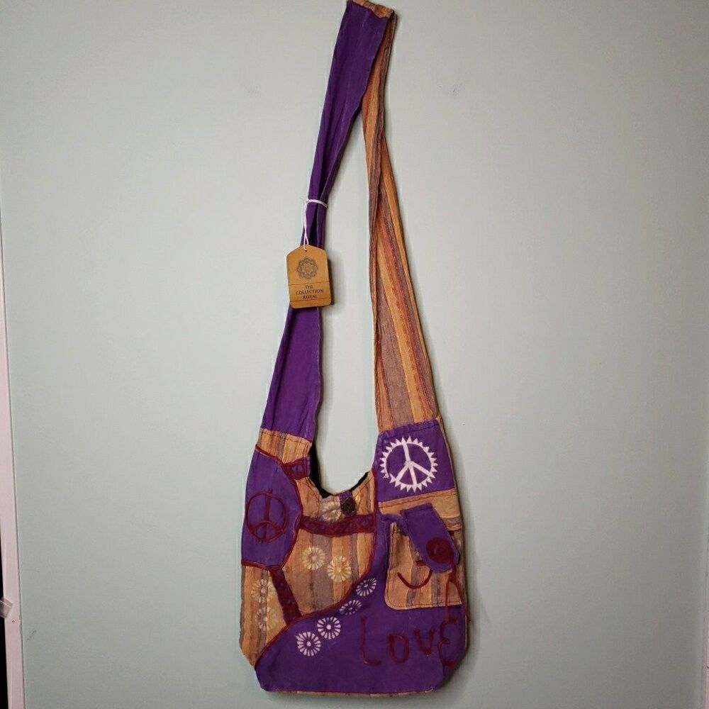 Hippie Peace Sign Crossbody Hobo Bag Funky Fabric Purse Retro Handmade Nepal - Picture 2 of 14